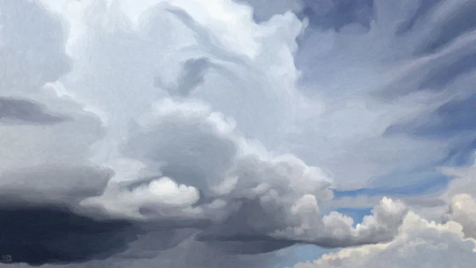Digital painting: a massive storm cloud is taking up most of the sky, but there is some blue visible in the background. The underbelly of the cumulonimbus is a very dark grey.