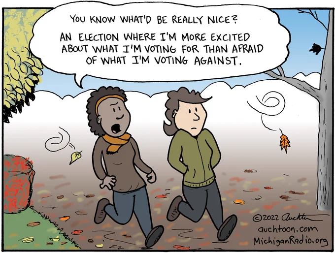 Two people walking and one says to the other "You know what'd be really nice? An election where I'm more excited about what I'm voting for than afraid of what I'm voting against."
