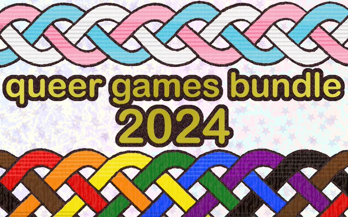 an illustrated banner has a braid of trans colors at the top and a weaving of rainbow   brown and black at the bottom. in the middle, gold text reads, "queer games bundle 2024"