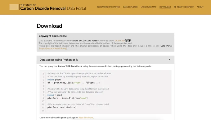 Screenshot of the page "Download", with a simple tutorial on how to query the data via the Python package pyam