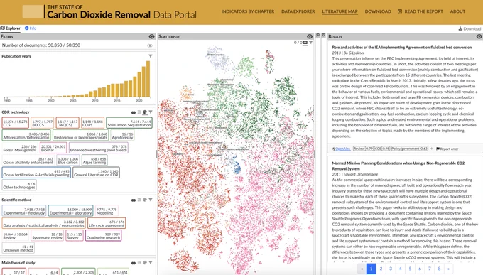 Screenshot of the page "Literature Map", a direct embed of an interactive map of the CDR literature developed by MCC