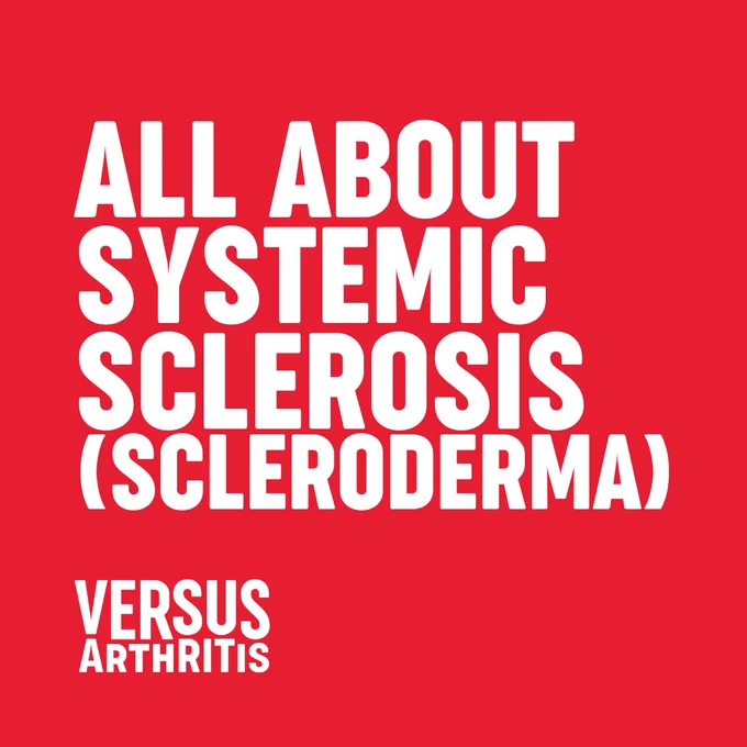 Bright red background with bold white text reading "ALL ABOUT SYSTEMIC SCLEROSIS (SCLERODERMA)" and the logo of Versus Arthritis at the bottom.