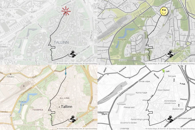 Stadia Maps' static map images with custom markers displayed (upper-left, clockwise) on Alidade Smooth, Stamen Terrain, Outdoors, and Stamen Toner styles.