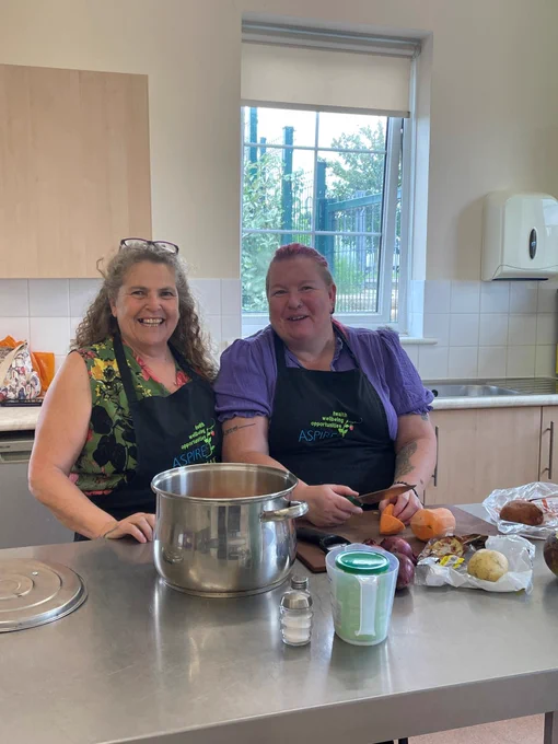 Sally Bryan and Caz Aubrey in the Bechange kitchen