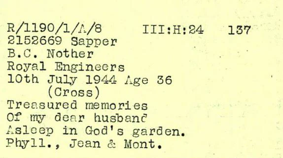 Details of the headstone for Bertram Nother, at Bayeux War Cemetery, France.