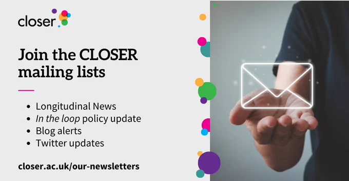 A computer generated envelope sits in the palm of a person's hand. Text reads:

Join the CLOSER mailing lists
- Longitudinal News
- In the loop policy update
- Blog alerts
- Twitter updates

closer.ac.uk/our-newsletters