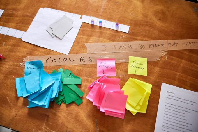 A photograph of a table set up for a game using different coloured post-it notes.