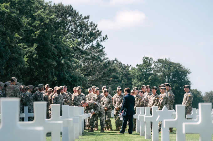 U.S. Army Rangers, assigned to the 75th Ranger Regiment, tour the Normandy American Ceremony, in Normandy, France, June 2, 2024. This year marks the 80th anniversary of Operation Overlord. (U.S. Army Photo by Sgt. Landon Carter)