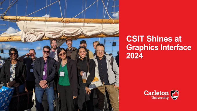 Image of the CSIT Team smiling on the deck of the Tall Ship Silva in Halifax, Canada. In The Photo (from left to right): Shri Harini Ramesh, Jay Henderson (faculty member at Memorial University and former CSIT post-doc fellow), Rob Teather, Eric DeMarbre, Fateme Rajabiyazdi, David Thue, Natalia Ocampo, Assem Kroma, Hannah Johnston, and Helen Chen.