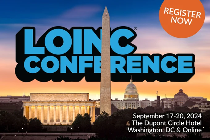 LOINC Conference logotype with the skyline of Washington, DC and several landmarks. September 17-20, 2024 at the the Dupont Circle Hotel in Washington, DC and online