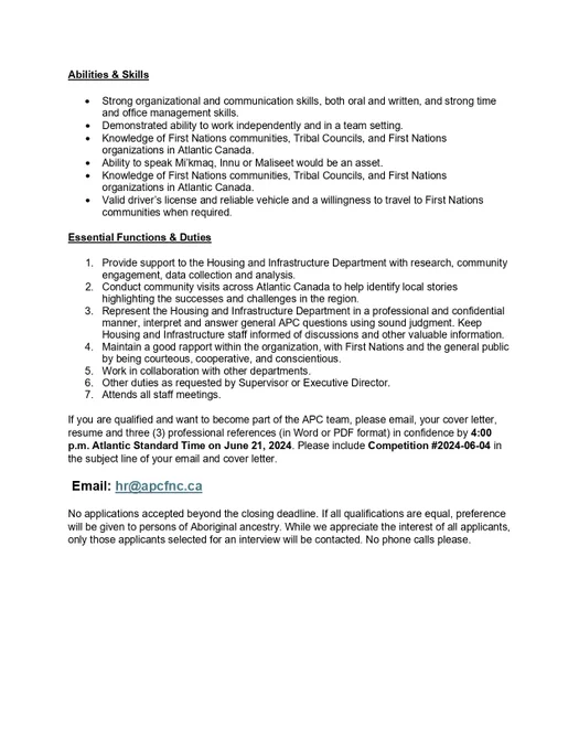The Atlantic Policy Congress (APC) of First Nations Chiefs Secretariat is seeking to hire a Housing and Infrastructure Intern to support the work of the Housing and Infrastructure Department. The successful candidate will work closely with staff to promote community
housing activities across the region and to help identify local stories highlighting the successes and challenges in the region. 
