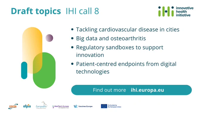 Draft topics – IHI call 8
Tackling cardiovascular disease in cities
Big data and osteoarthritis
Regulatory sandboxes to support innovation
Patient-centred endpoints from digital technologies
Find out more: ihi.europa.eu
