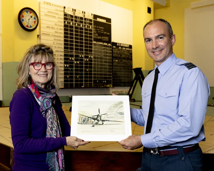 On 31 May Jane Fleetwood-Morrow presented a print of her father's painting, 'Wheel Change, Spitfire' to the Ops Room Museum. Received by the Station Commander at RAF Digby, Wing Commander Neil Hallett.