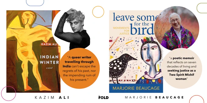 Rectangular graphic highlighting two books: INDIAN WINTER by Kazim Ali and LEAVE SOME FOR THE BIRDS by Marjorie Beaucage. Each book has a small description of the book beside it.