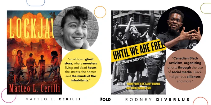 Rectangular graphic highlighting two books: LOCKJAW by Matteo L. Cerilli and UNTIL WE ARE FREE by Rodney Diverlus. Each book has a small description of the book beside it.