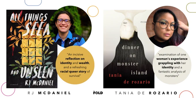Rectangular graphic highlighting two books: ALL THINGS SEEN AND UNSEEN by RJ McDaniel and DINNER ON MONSTER ISLAND by Tania De Rozario. Each book has a small description of the book beside it.