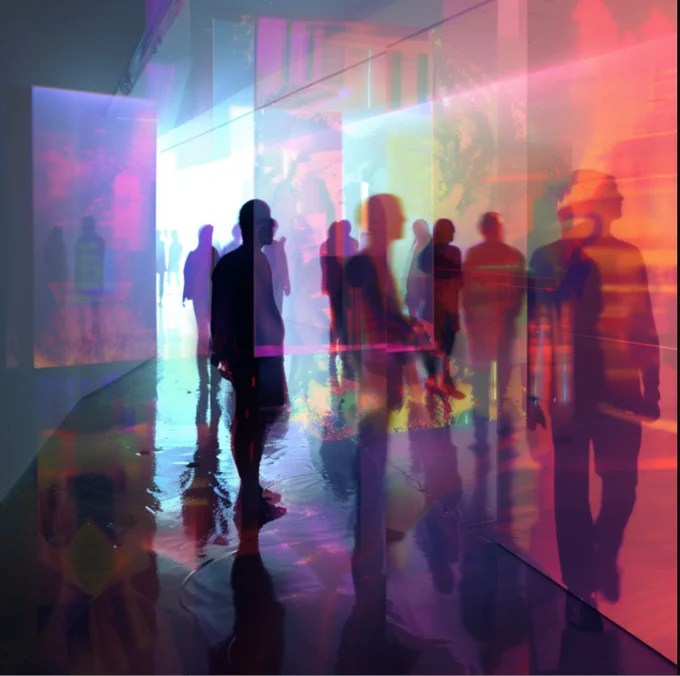 Image from Emerson Contemporary Media Art Gallery exhibition showing silhouettes of people in front of a screen.