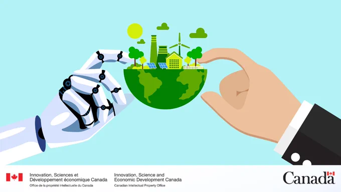 Deux mains, l’une robotique et l’autre humaine, s’unissent pour tenir une Terre demi-ronde ornée de technologies vertes, symbolisant la collaboration entre la technologie et l’humanité pour un avenir durable.
