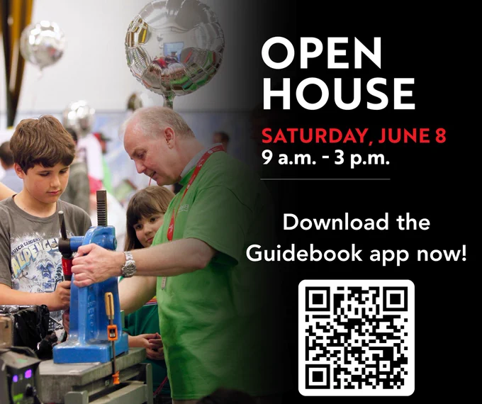 Open House promotional image featuring three individuals in a workshop setting. An adult is assisting a child who is operating a blue machine tool, while another child looks on. In the background, disco ball-like objects hang from the ceiling. The text on the image reads 'OPEN HOUSE, SATURDAY, JUNE 8, 9 a.m. - 3 p.m. Download the Guidebook app now!' and includes a QR code for app download.