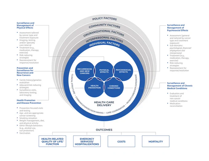 Image of Cancer survivorship care quality framework with descriptions of factors, effects, surveillance, and outcomes.  
Image Citation: https://www.ncbi.nlm.nih.gov/pmc/articles/PMC6855988/ 