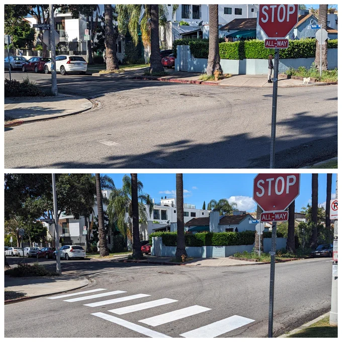 A before and after shot of a Hollywood intersection: Top shows the intersection without a marked crosswalk; bottom shows the same intersection with a painted crosswalk.