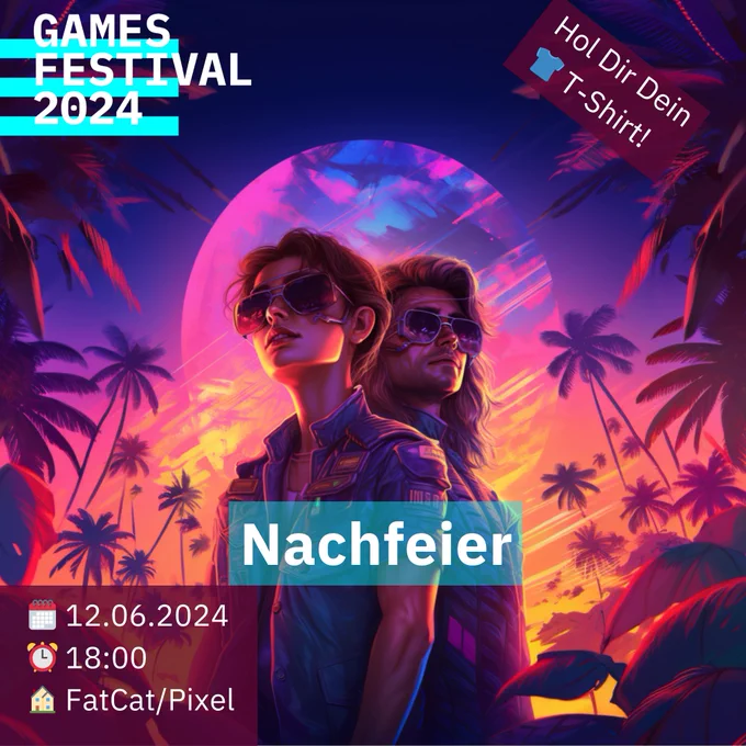 Zwei Menschen vor Palmen und einer Sonne in Pink.