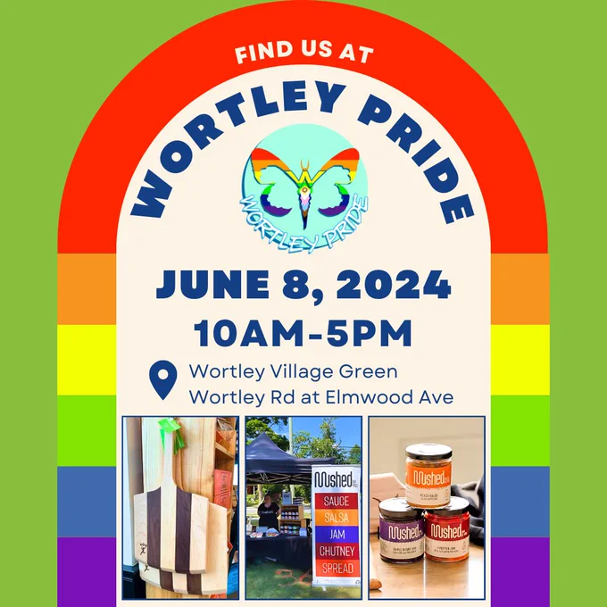 Graphic with text: Find us at Wortley Pride, June 8 2024 at Wortley Village Green, Wortley Road at Elmwood Ave. Images of products produced by youth at YOU are below a rainbow arc.