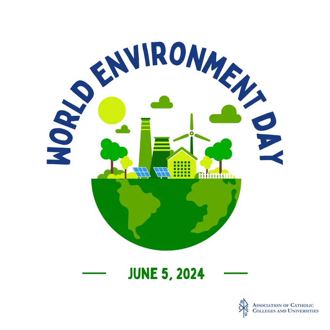 World Environment Day June 5, 2024 [text with image of world with solar panels, wind turbines, and trees above a world along with the ACCU logo]