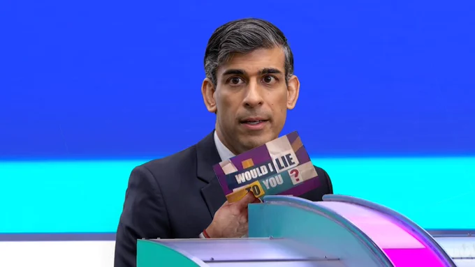 Edited image of Rishi Sunak holding a card saying 'Would I lie to you' as though appearing on the programme
