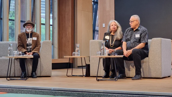Photograph of (left to right) Tigilau Ness, Melani Anae and Alec Toleafoa 