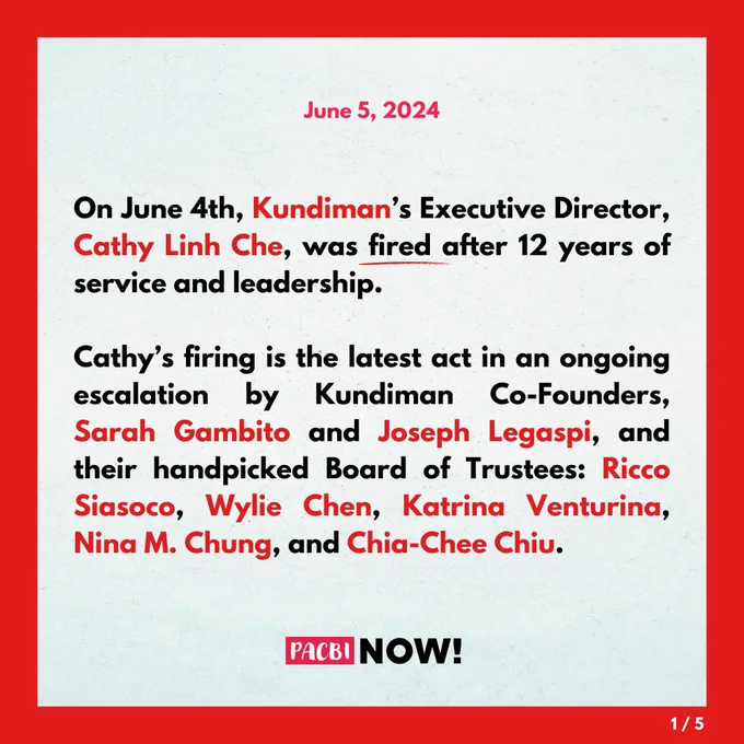 On June 4th, Kundiman’s Executive Director, Cathy Linh Che, was fired after 12 years of service and leadership. 

Cathy’s firing is the latest act in an ongoing escalation by Kundiman Co-Founders, Sarah Gambito and Joseph Legaspi, and their handpicked Board of Trustees: Ricco Siasoco, Wylie Chen, Katrina Venturina, Nina M. Chung, and Chia-Chee Chiu.