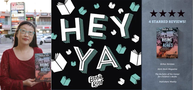 Photo collage of author Paula Yoo holding up her book outside a Koreatown Los Angeles Mall and list of starred reviews and Book Riot Hey YA podcast logo