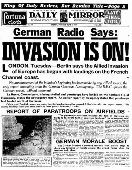 Front page of the Daily Mirror newspaper, 6 June 1944, with the headline ‘German Radio Says: Invasion is on!’