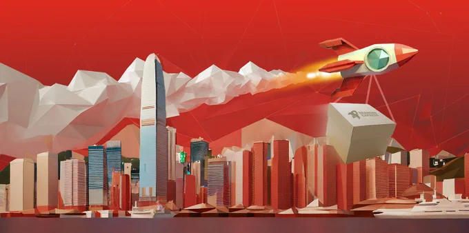 BrandHK Express rocket delivering corporate gifts to a city, highlighting fast delivery.