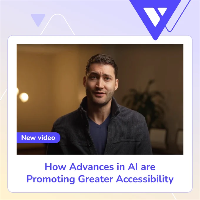 A blue Verbit "V" appears on the top right. A man with brown hair and a sweater on is shown speaking at the camera with the text 'New video' appearing on his left. Under, it reads 'How Advances in AI are Promoting Greater Accessibility'
