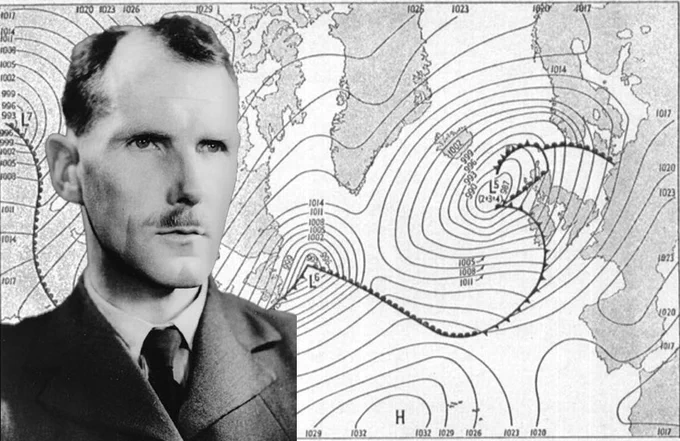 A collage showing Group Captian J. M. Stagg, weather advisor to General Eisenhow and the SHAEF headquarters against a map of the June 4, 1944 weather map of the Atlantic Ocean. (Photo Credits: Photo of Stagg from Wikimedia Commons and image of the weather map from "Forecast for Overlord" Ian Allen Ltd., London; collage by the Army Geospatial Center)