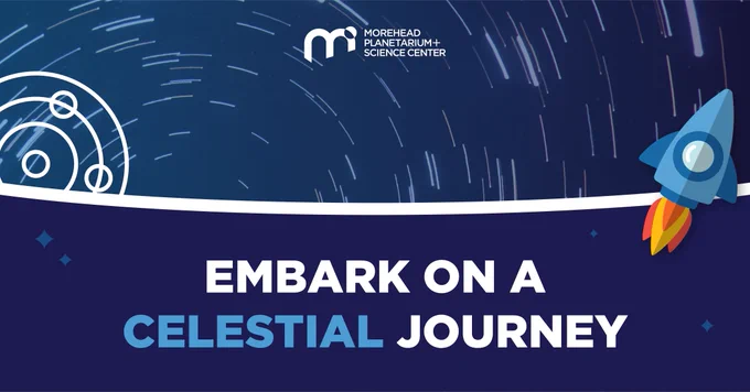 At the top, the path of the stars is projected on the Fulldome screen. At the bottom, there is a dark blue background with vector images of a rocket, our Solar System, and stars. The text reads, “Embark on a celestial journey.”