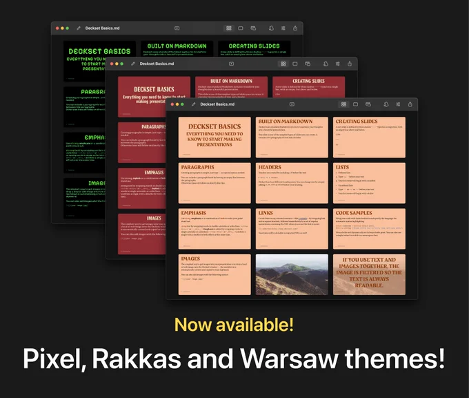 Deckset app promo showing three new themes - Pixel, Warsaw and Rakkas.
