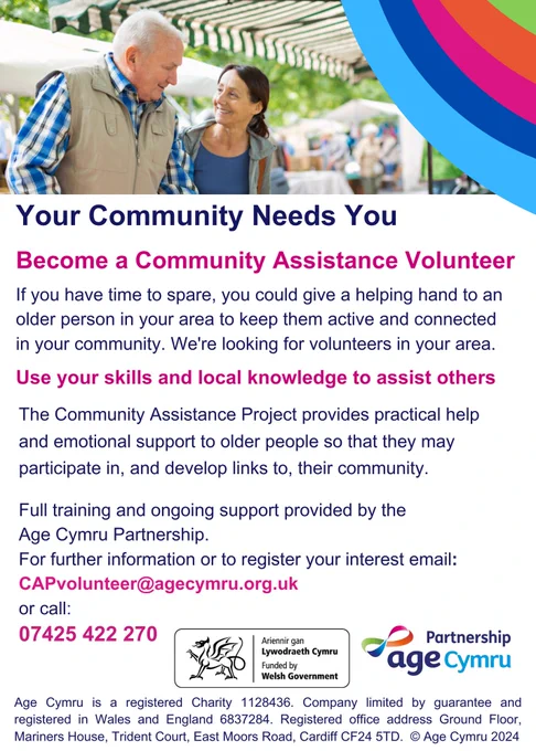 Poster shoes photograph of a lady supporting an elderly gentleman with a rainbow shade of colours in the corner. The poster gives information about the Community Assistance Volunteer scheme.