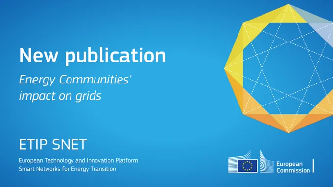 The image includes several elements of the ETIP SNET visual identity. On a blue background, it reads: "New publication - Energy Communities' impact on grids."