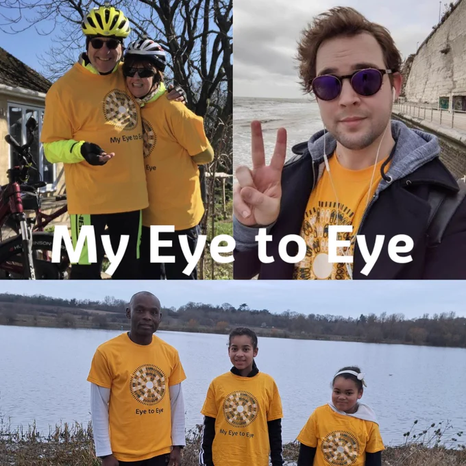 A collage of three photos. The top left photo is of a man and a woman wearing yellow 'My Eye to Eye' t-shirts and bike helmets. The top right photo is of a man taking a selfie holding up a peace sign and wearing sunglasses. He is standing by the sea and it is a grey day. The bottom photo is of a man and two young girls wearing yellow 'Eye to Eye' t-shirts. Behind them is a lake. Over the image there is white bold text in the middle that says "My Eye to Eye". 