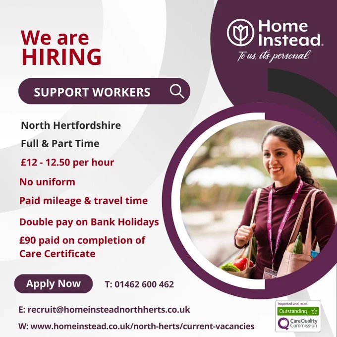Apply for homecare jobs in North Hertfordshire. #homecare #domicilliarycare #supportworkers #careassistant #jobsincare