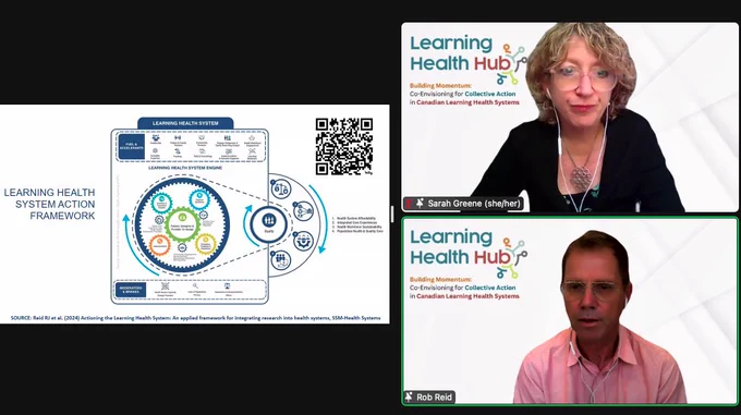 Screen grab of a slide that shows the Learning Healthy System Action Framework alongside the images of Sarah Greene and Rob Reid. 