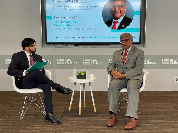 Shalin Jyotishi, Senior Advisor for Education, Labor, and the Future of Work at New America, and NSF Director Sethuraman Panchanathan at a New America fireside chat.