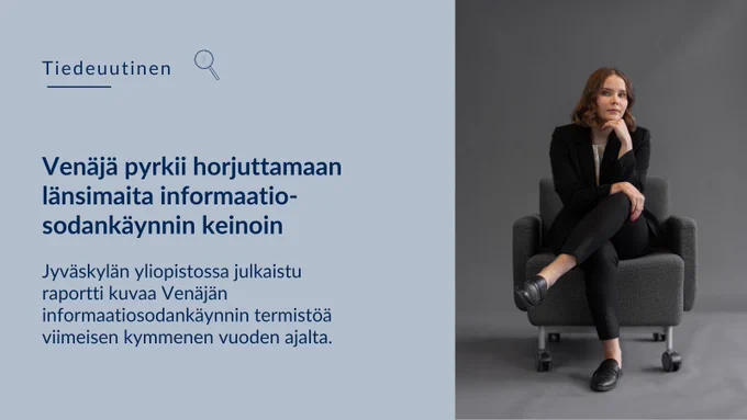 Kuvassa projektitutkija Mari Puurunen istuu sohvalla ja katsoo kohti kameraa. Kuvassa on myös lainaus raportista.