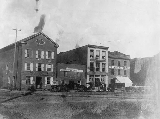 A black and white photograph of a street view of four buildings. There are a few horses and carriages on the street in front of the buildings. The fourth building on the far right has a sign for “New Haven Beef Company.”