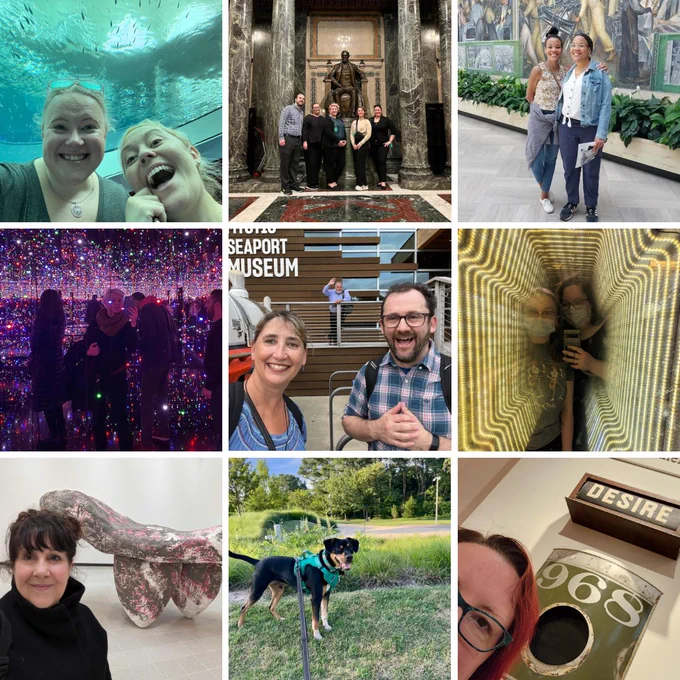 Collage of nine photographs of Tessitura team members and their loved ones at various museums around the world.
