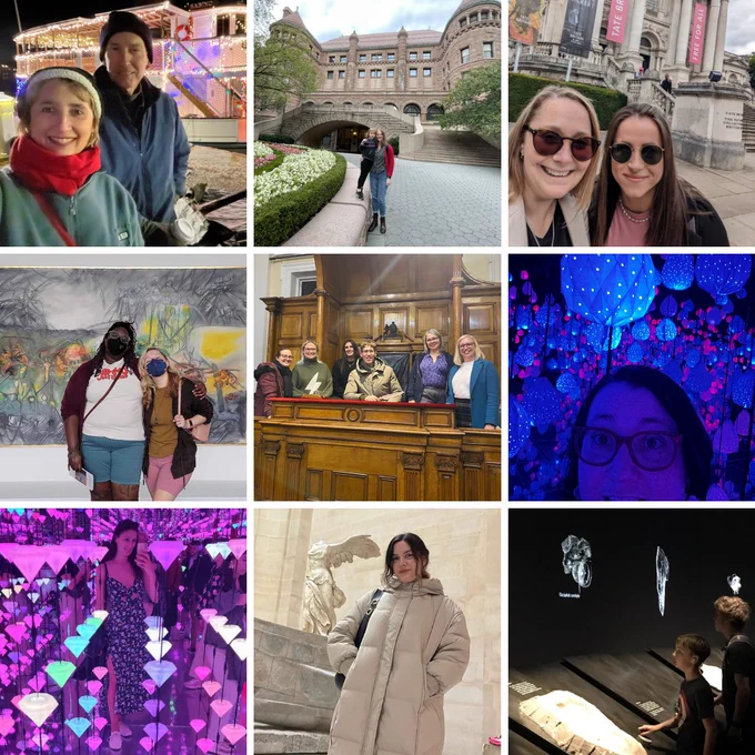 Collage of nine photographs of Tessitura team members and their loved ones at various museums around the world.