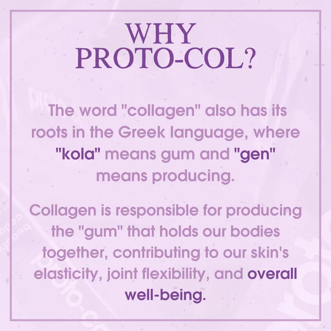 Text on a purple background saying: The word collagen also has it's roots in the greek language, where "kola" means gum and "gen" means producing. Collagen is responsible for producing the gum that holds our bodies together, contributing to our skin's elasticity, joint flexibility and overall wellbeing.