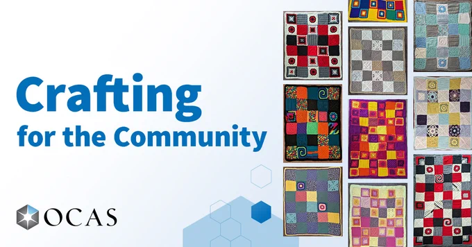 image by ocas.ca.ontariocolleges.ca: Crafting for the community. ocas. 

Image: half graphic text, ocas logo, images of various OCAS-made granny-square blankets. 